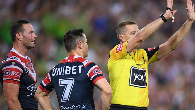 Roosters captain Boyd Cordner watches on as referee Ben Cummins sends Cooper Cronk to the sin bin in the 2019 Grand Final. Under the new rule Cordner could challenge the decision. Picture: Dan Mimbrechts/AAP