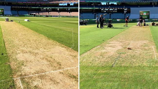 The MCG pitch this morning in photographs posted to Twitter by Cricket Australia and Fox Sports' Tom Morris.