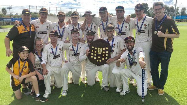 Kensington celebrate after winning the grade cricket two-day grand final over Adelaide at Glenelg Oval in 2019. Picture: SA Cricket Association