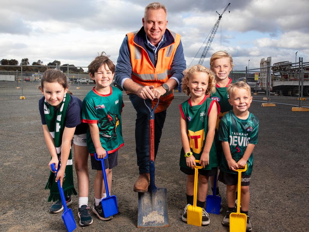 Tasmanian Premier Jeremy Rockliff at Macquarie point with some aspiring Devils. Picture: Linda Higginson