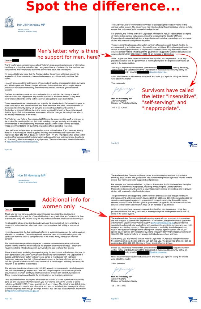 Letters sent to sexual assault survivors by the Victorian Attorney-General. Females were offered extra help that other people weren’t.