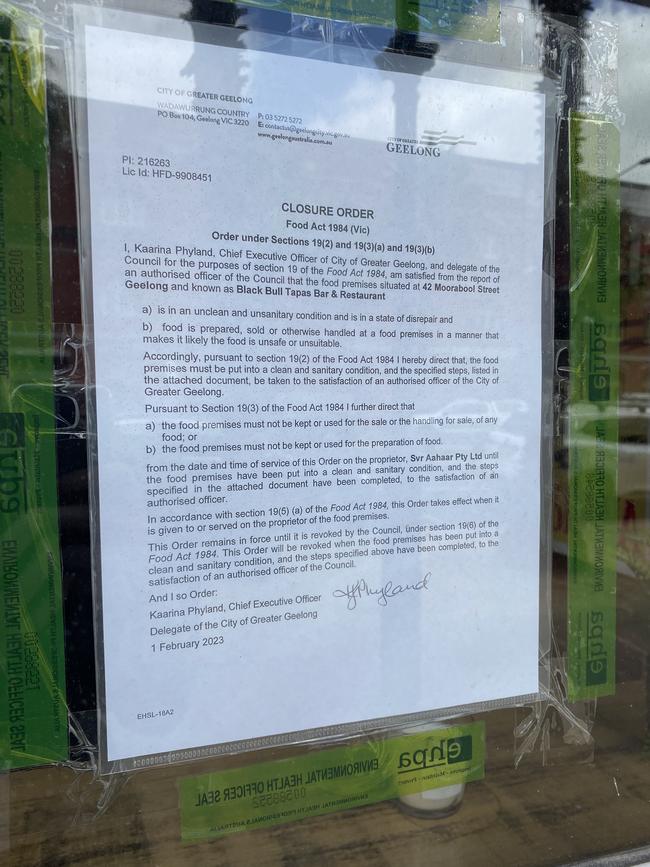 The closure order is posted on the window of the business. Picture: Michaela Meade