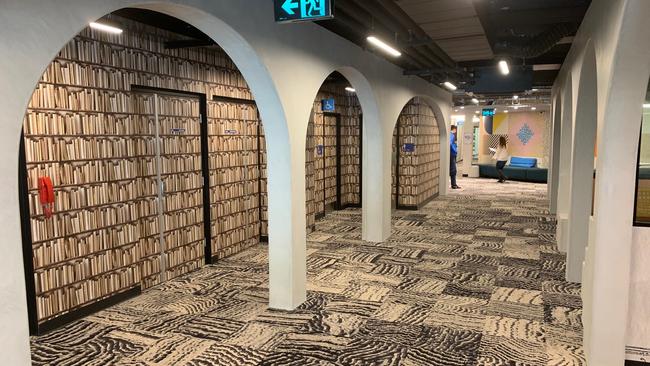 The contentious carpet and bookshelf-themed wallpaper in Adelaide University’s makeover of the Barr Smith South building, adjoining the Barr Smith Library.