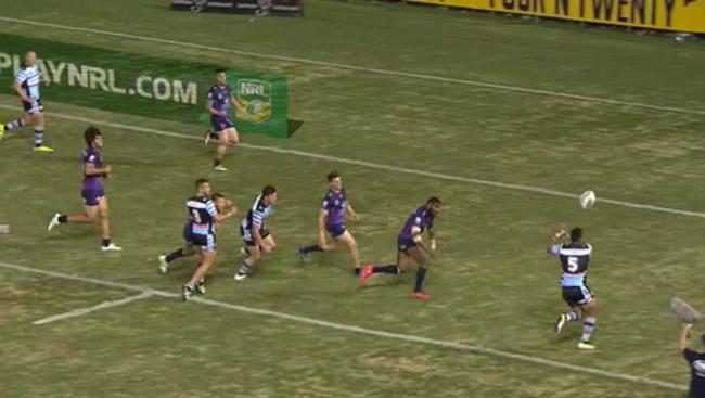 Valentine Holmes drops the ball with the line wide open. Picture: Fox Sports