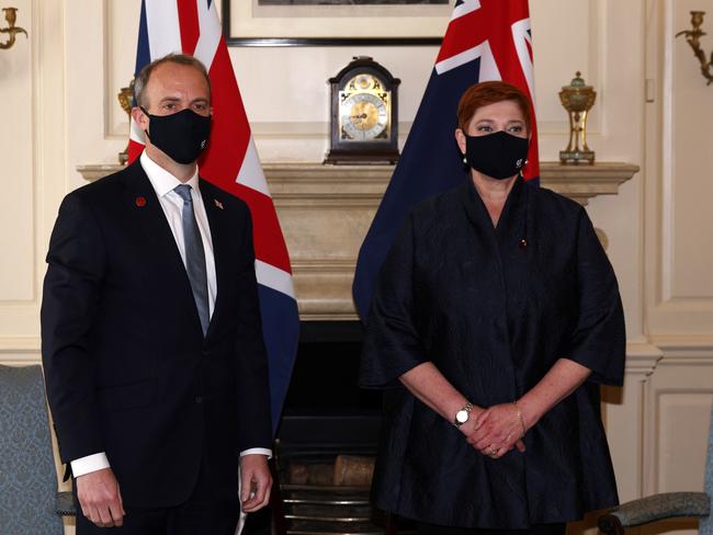 Britain’s foreign secretary Dominic Raab (left) poses with Australian foreign minister Marise Payne at the G7 foreign ministers meeting in London. Picture: Getty Images