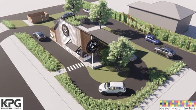 Artists impressions of the new Cocobrew Express drive-thru on George and Albert Streets.