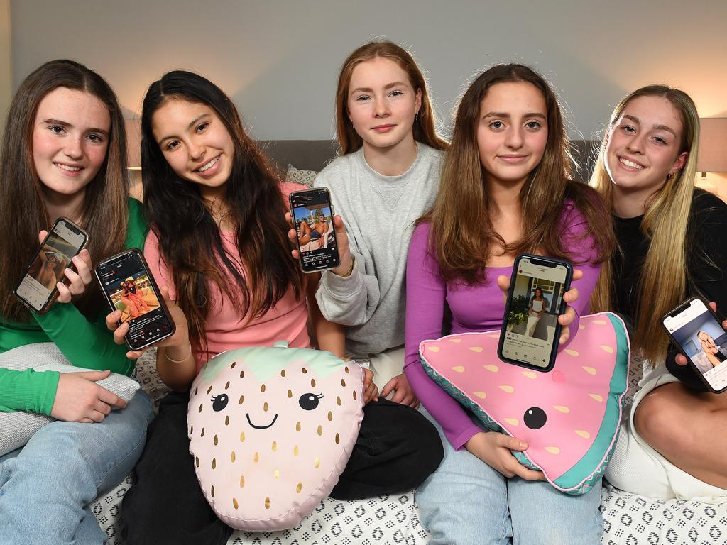 Creating contentment ... teenage friends (L-R) Mia Brammall, Jahrielle McAlary, Isabelle Godfrey, Juliette Moran and Olive Oxland follow lots of influencers. Picture: Josie Hayden