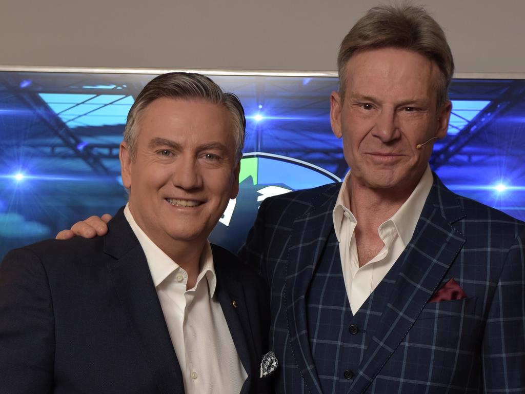 Eddie McGuire and Sam Newman on the final Footy Show in 2018. Picture: Channel 9