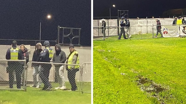 Sneaky soccer fans leaving the ground during the second half as officials are believed to have identified them as banned away fans.