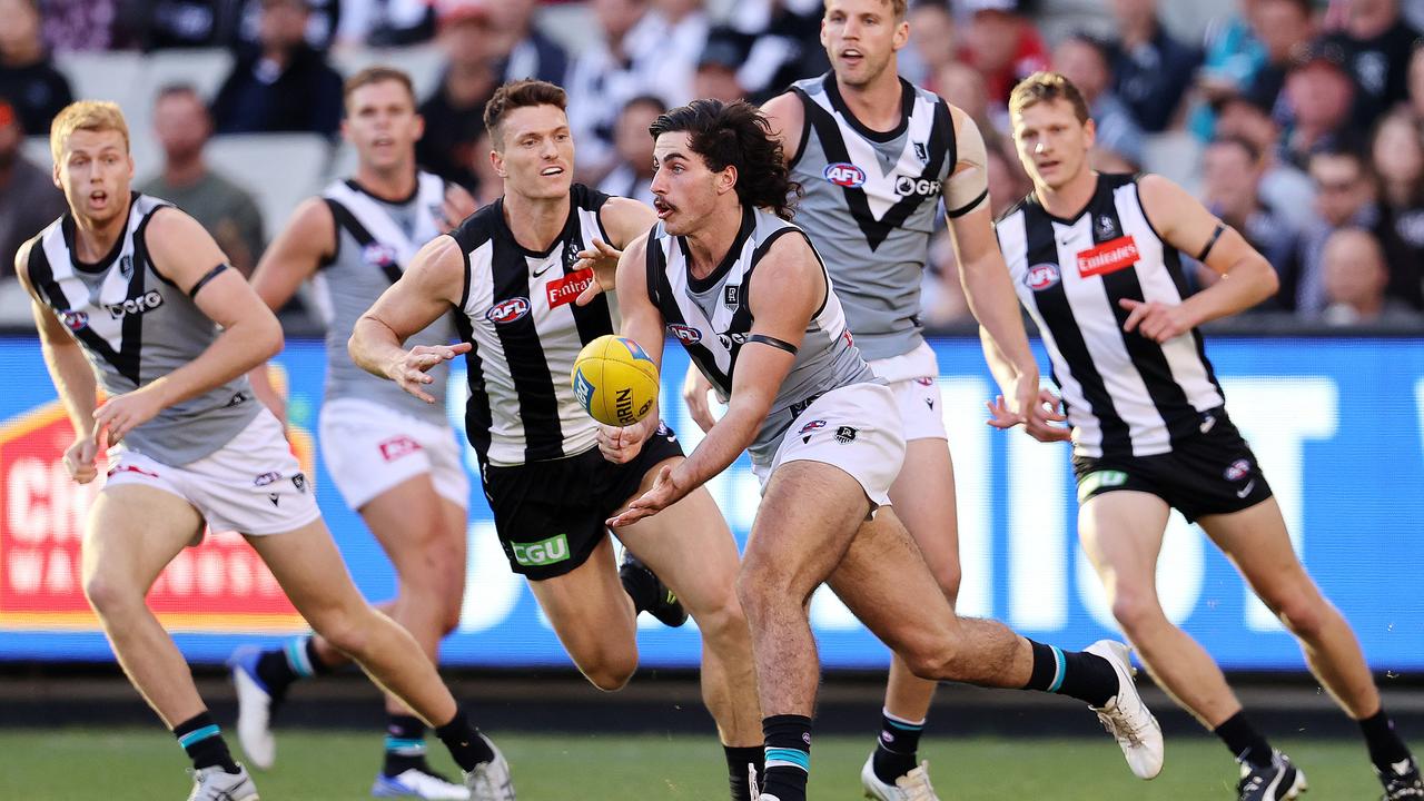 Lachie Jones in this year’s Round 10 match against Collingwood. Picture: Michael Klein