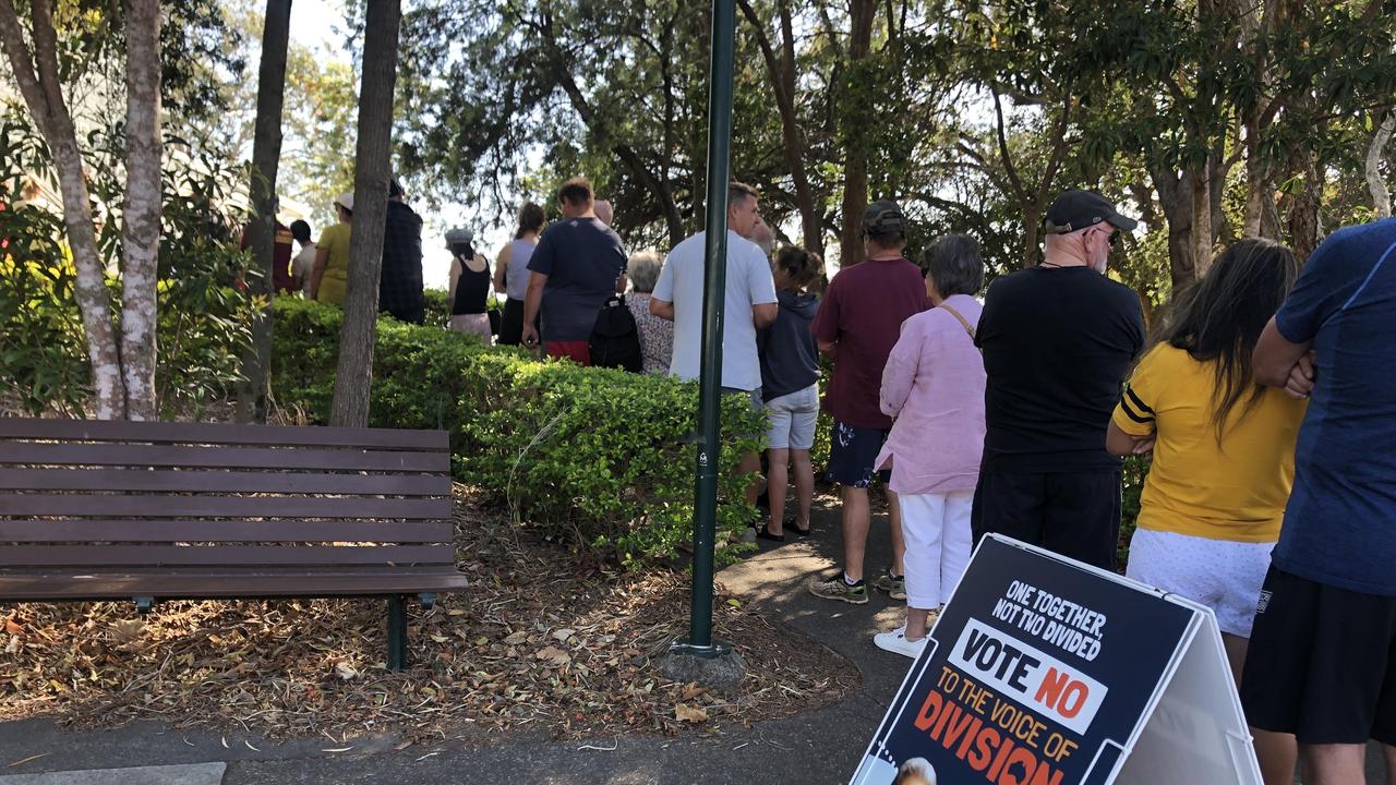 A line-up at Redland Bay in the Liberal-held federal seat of Bowman just minutes after polls opened. Picture: Judith Kerr