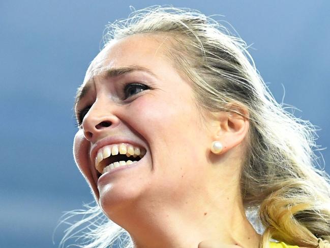 Australia's Kelsey-Lee Barber celebrates winning the Women's Javelin Throw final at the 2019 IAAF Athletics World Championships at the Khalifa International stadium in Doha on October 1, 2019. (Photo by Kirill KUDRYAVTSEV / AFP)