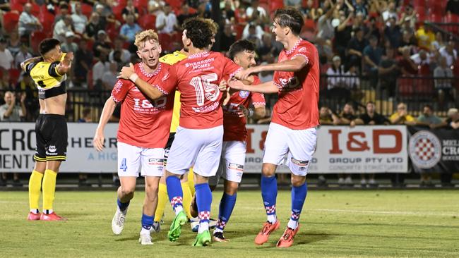 Alex Hird celebrates a goal for Melbourne Knights. Picture: Gem Photography