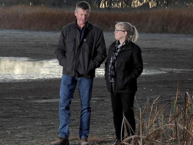 Following an attempt by Nationals MPs to scuttle the Murray River basin plan, a visit to communities in South AustraliaÃs Riverland, drew quite a varied reaction from stakeholders. General Manager of the Renmark Irrigation Trust, Rosalie Auricht, and the Trust Presiding Member, Humphrey Howie, at one of the lagoons of the flood plain at Renmark. 25 June 2021. Picture Dean Martin