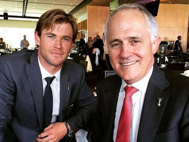 He might not have much time to watch soccer, but Chris Hemsworth loves his footy. Here he is at last year’s Grand Final with Malcolm Turnball.