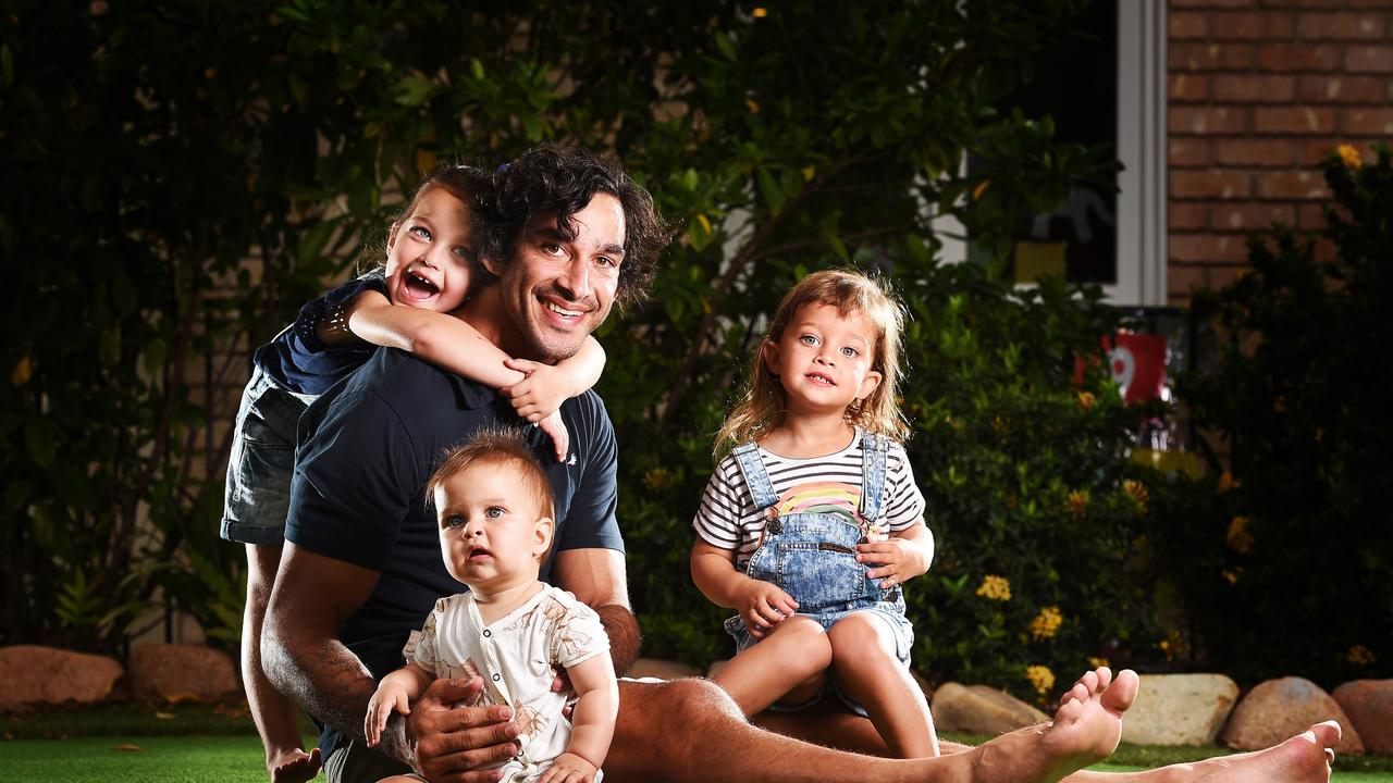 North Queensland Cowboys co-captain Johnathan Thurston at home with daughters Lillie, 10 months, Frankie, 4, and Charlie, 2. Picture: Zak Simmonds, January 2018