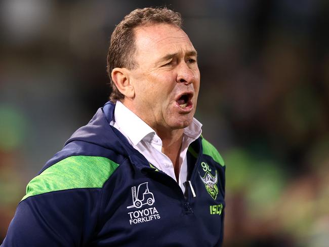 Raiders coach Ricky Stuart has squared off with current Titans boss Des Hasler 25 times in the NRL, but only beaten him six times. Picture: Getty Images