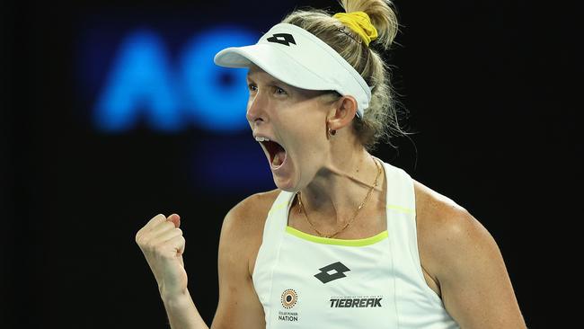 MELBOURNE, AUSTRALIA - JANUARY 19: Storm Hunter of Australia celebrates a point in their round three singles match against Barbora Krejcikova of Czech Republic during the 2024 Australian Open at Melbourne Park on January 19, 2024 in Melbourne, Australia. (Photo by Daniel Pockett/Getty Images)