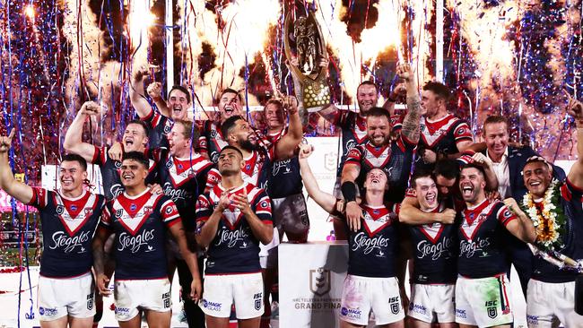 The Sydney Roosters celebrate their 2019 grand final victory over Canberra. The premiers will attempt to win three straight when the SCG hosts next year’s decider. Picture: Getty