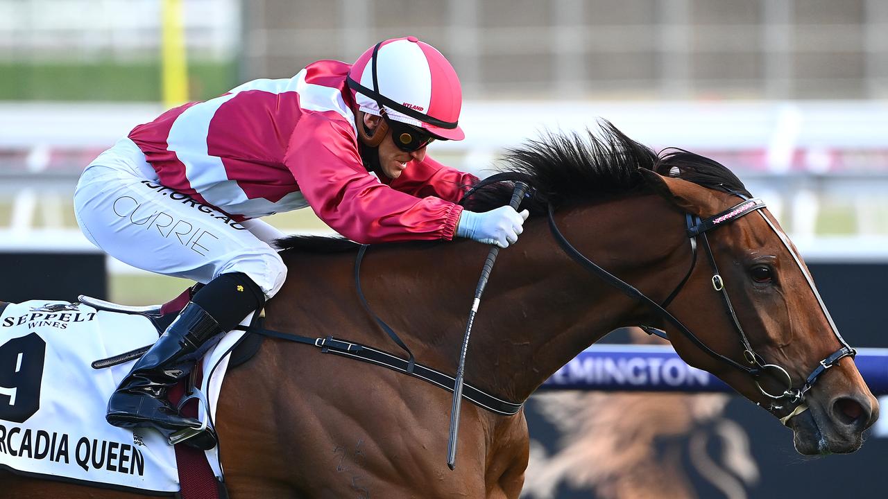 MELBOURNE, AUSTRALIA - NOVEMBER 07: Luke Currie riding #9 Arcadia Queen wins race 8, the Seppelt Mackinnon Stakes during 2020 Seppelt Wines Stakes Day at Flemington Racecourse on November 07, 2020 in Melbourne, Australia. (Photo by Quinn Rooney/Getty Images for the VRC)