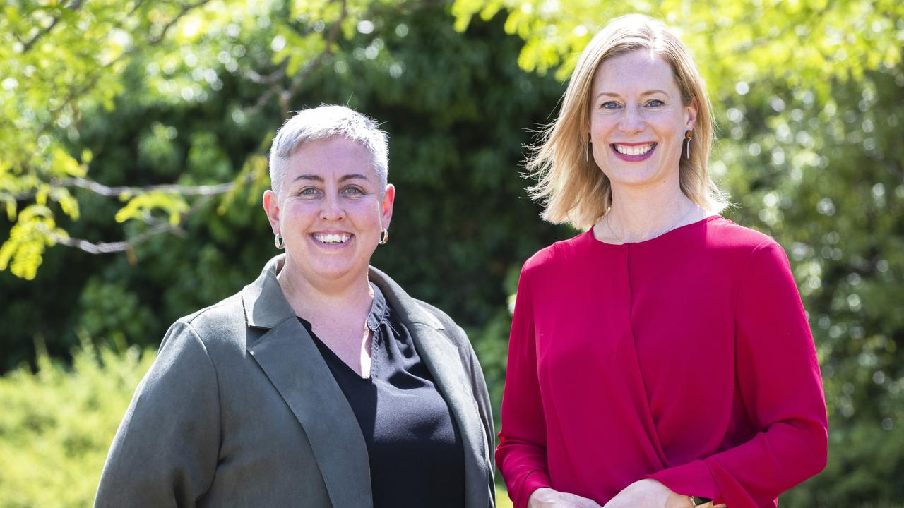 Tasmanian Labor leader Rebecca White with candidate Michelle Dracoulis (Lyons) at St Andrews Park, Hobart on Sunday. Ms Dracoulis has since quit as a candidate. Picture: Chris Kidd