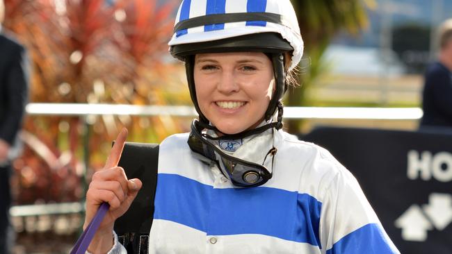 Raquel Clark after winning aboard Spotluck at UBET Park Hobart. Picture courtesy of Tasracing