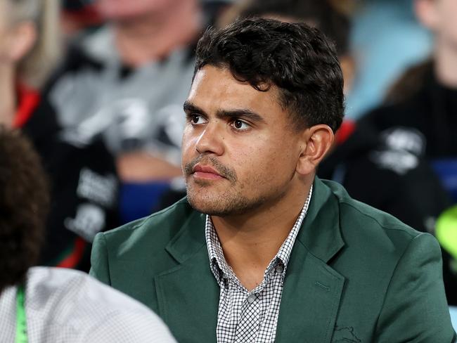 SYDNEY, AUSTRALIA - APRIL 13: Latrell Mitchell of the Rabbitohs looks on during the round six NRL match between South Sydney Rabbitohs and Cronulla Sharks at Accor Stadium, on April 13, 2024, in Sydney, Australia. (Photo by Brendon Thorne/Getty Images)