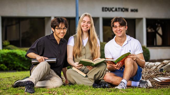 Griffith University Education students Duy Bao Le, Ashleigh Lawrence and Nate Stathis. Picture: Nigel Hallett