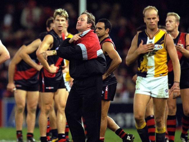 Essendon Coach Kevin Sheedy gestures angrily at West Coast’s Mitchell White. Picture: Darren McNamara