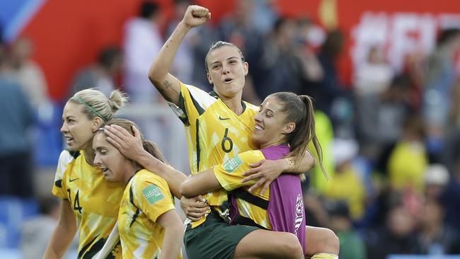 Chloe Logarzo celebrates after Australia beat Brazil at the Women’s World Cup. Picture: AP