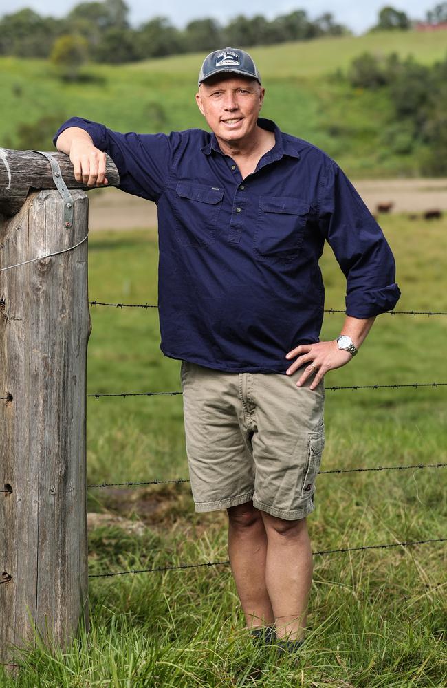 Opposition Leader Peter Dutton at his Dayboro farm. Picture: Zak Simmonds