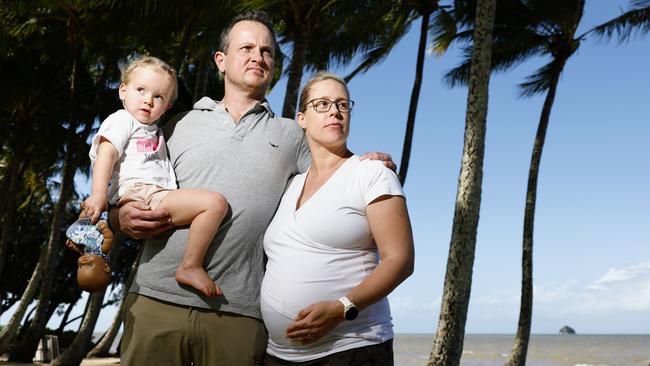 Tina O'Reilly, pictured with her husband Martin O'Reilly and daughter Maggie O'Reilly, 2, is 30 weeks pregnant with her second child. She was due to give birth in the Cairns Private Hospital's maternity ward, but will now been forced to seek alternative birthing options. Picture: Brendan Radke