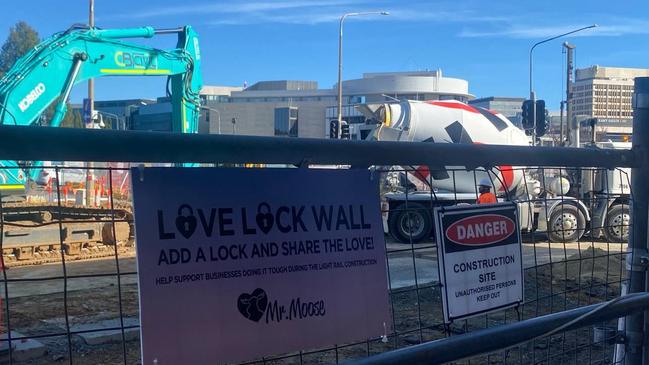 Featuring the Love Lock Wall at Mooseheads, this photo highlights the ongoing construction in London Circuit Civic, Canberra. Image: Hannah Farrow