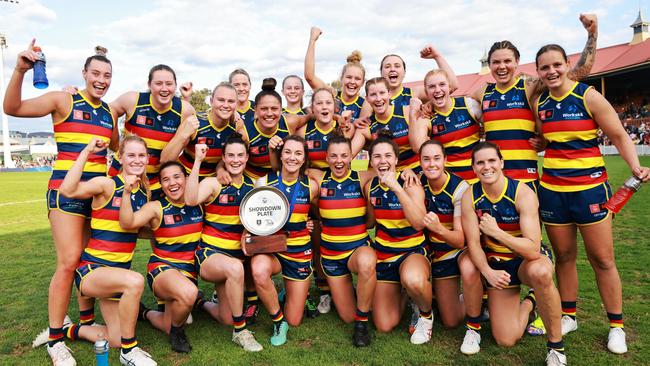 The Crows celebrate their Showdown win. Picture: James Elsby/AFL Photos