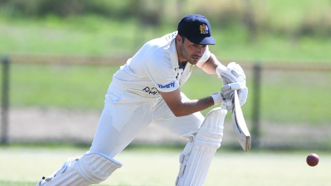 Ricky Damiano of Brighton bats during the VSDCA match between Plenty Valley and Brighton at Yarrambat War Memorial Park in Yarrambat, Saturday, January 25, 2020. (Photo/Julian Smith)