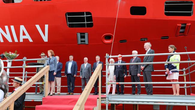 Spirit of Tasmania V, has been officially named and launched at a traditional ceremony at shipbuilder Rauma Marine Constructions (RMC) yards in Finland. Governor of Tasmania, Her Excellency the Honourable Barbara Baker AC. Picture: Supplied/TT-Line