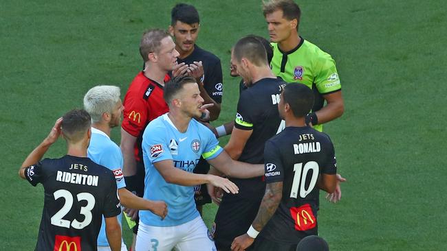 Ronald Vargas, right, of the Jets is sent off against Melbourne City. Picture: Getty Images