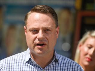 Brisbane City Council Lord Mayor Adrian Schrinner addreses the media at the Deagon Campaign Office, Sandgate, Brisbane, Saturday, March 28, 2020. (AAP Image/Albert Perez) 