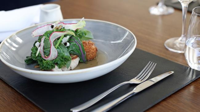 Wilson’s latest fish dish — stripy trumpeter, brassicas, mushroom broth, pepita. Picture: LUKE BOWDEN