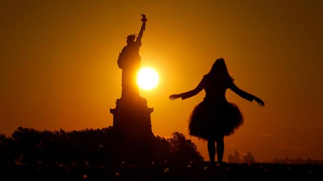 Tasmania's Liza-Jane Sowden photographed at sunrise at Liberty State Park in New Jersey in a Pony Black tutu. Picture: Gary Hershorn