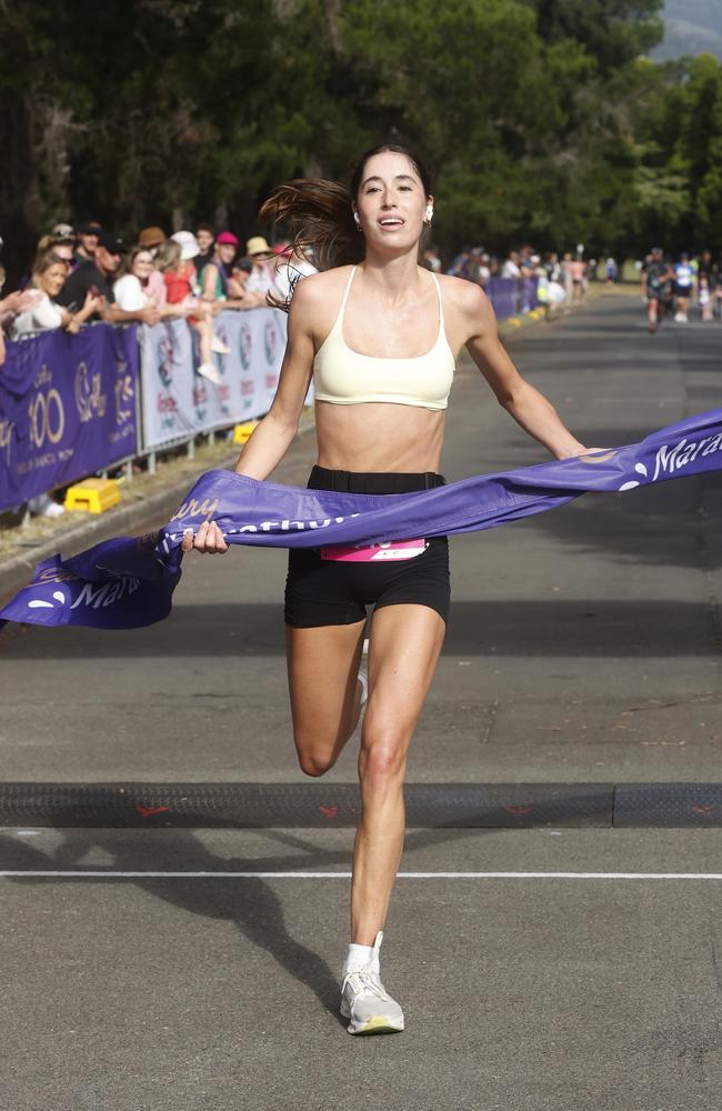 Camille O'Donoghue wins the women's marathon. 2025 Cadbury Marathon. Picture: Nikki Davis-Jones