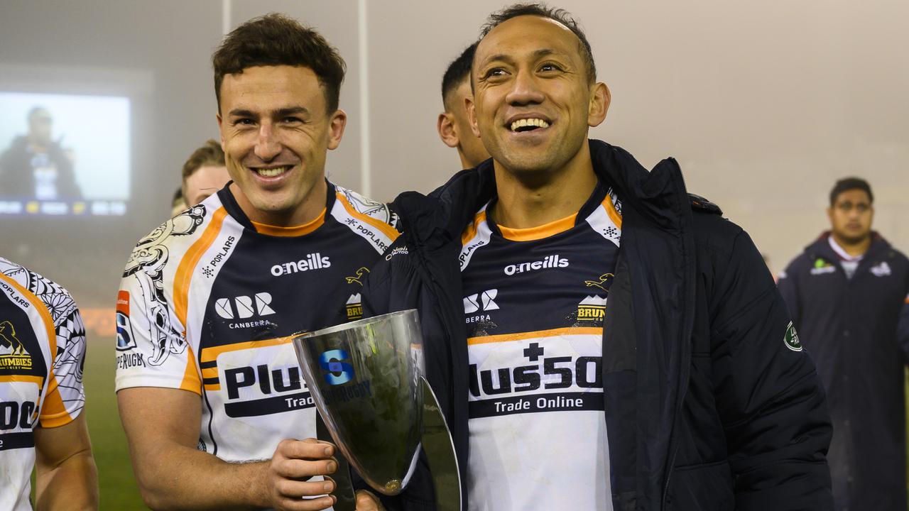 Brumbies Tom Banks and Christian Lealiifano with the Australian conference trophy.