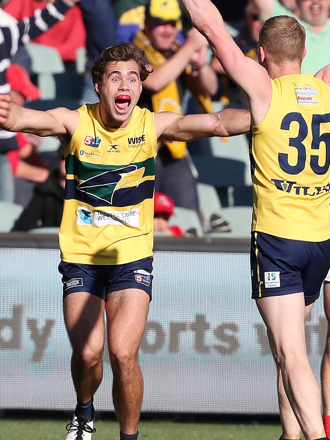 Lachlan McNeil enjoys a goal in the SANFL.