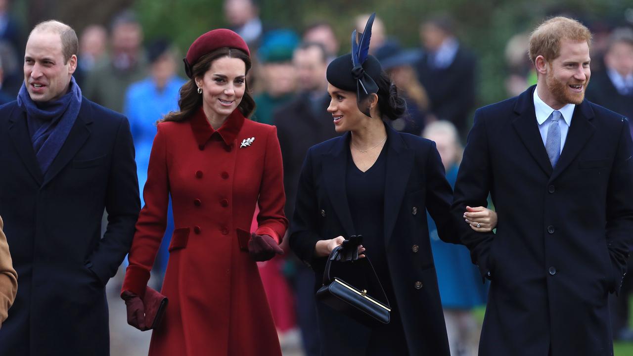 Prince William, Kate Middleton, Meghan Markle and Prince Harry all smiles on Christmas Day in 2018. Picture: Stephen Pond/Getty Images.