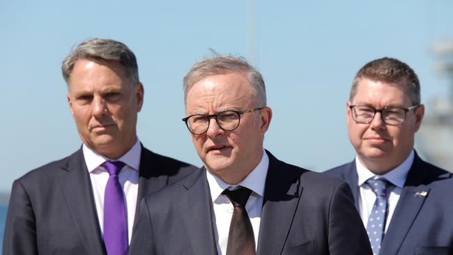 Anthony Albanese with Richard Marles and Pat Conroy. Picture: Philip Gostelow/NewsWire