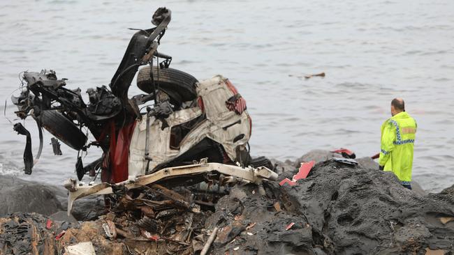 Police at the scene of the truck crash on the Kangaroo Island coast.