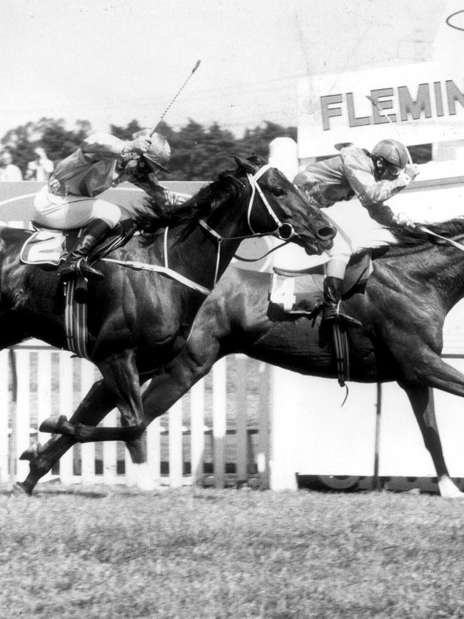 Gurner's Lane and Kingston Town fight out the 1982 Melbourne Cup.