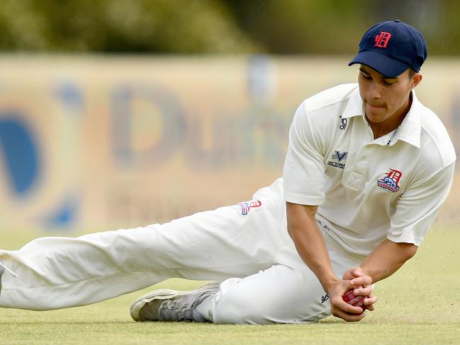 A Dandenong player fields during the Victorian Premier Cricket match between Frankston Peninsula and Dandenong at Jubilee Park, on November 18, 2023, in Melbourne, Australia. (Photo by Josh Chadwick)