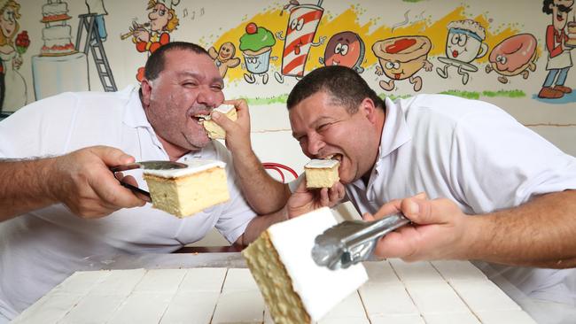 Whittlesea Bakehouse wins Victoria's best vanilla slice at the Victorian Baking Show. Pastry Cooks and owners Michael Valenti and Adrian Caporetto with their winning vanilla slice. Picture: Alex Coppel.