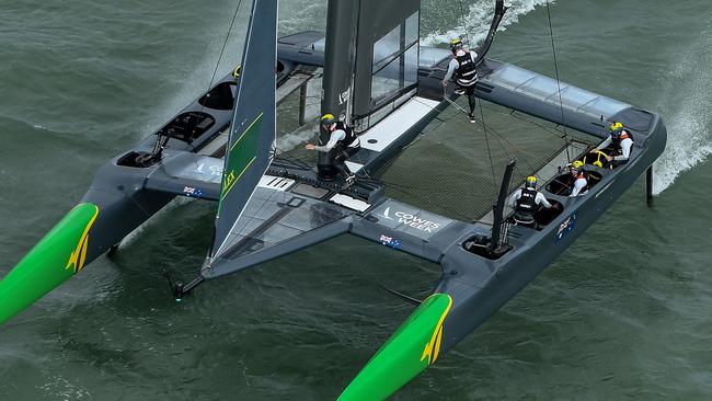 The Australia SailGP Team, helmed by Tom Slingsby, during the racing in Cowes, off the Isle of Wight.